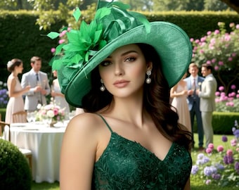 SF044( Green + More colors )Kentucky Derby, Church, Wedding, Easter, Tea Party, Formal Feather Satin Med Brim Sinamay Hat