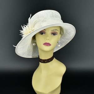 SF05( Off-white hat ) Kentucky Derby hat, Church hat, Wedding hat, Carriage hat, Tea Party hat with feather flower Small Brim Sinamay Hat