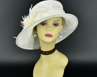 SF05( Off-white hat ) Kentucky Derby hat, Church hat, Wedding hat, Carriage hat, Tea Party hat with feather flower Small Brim Sinamay Hat