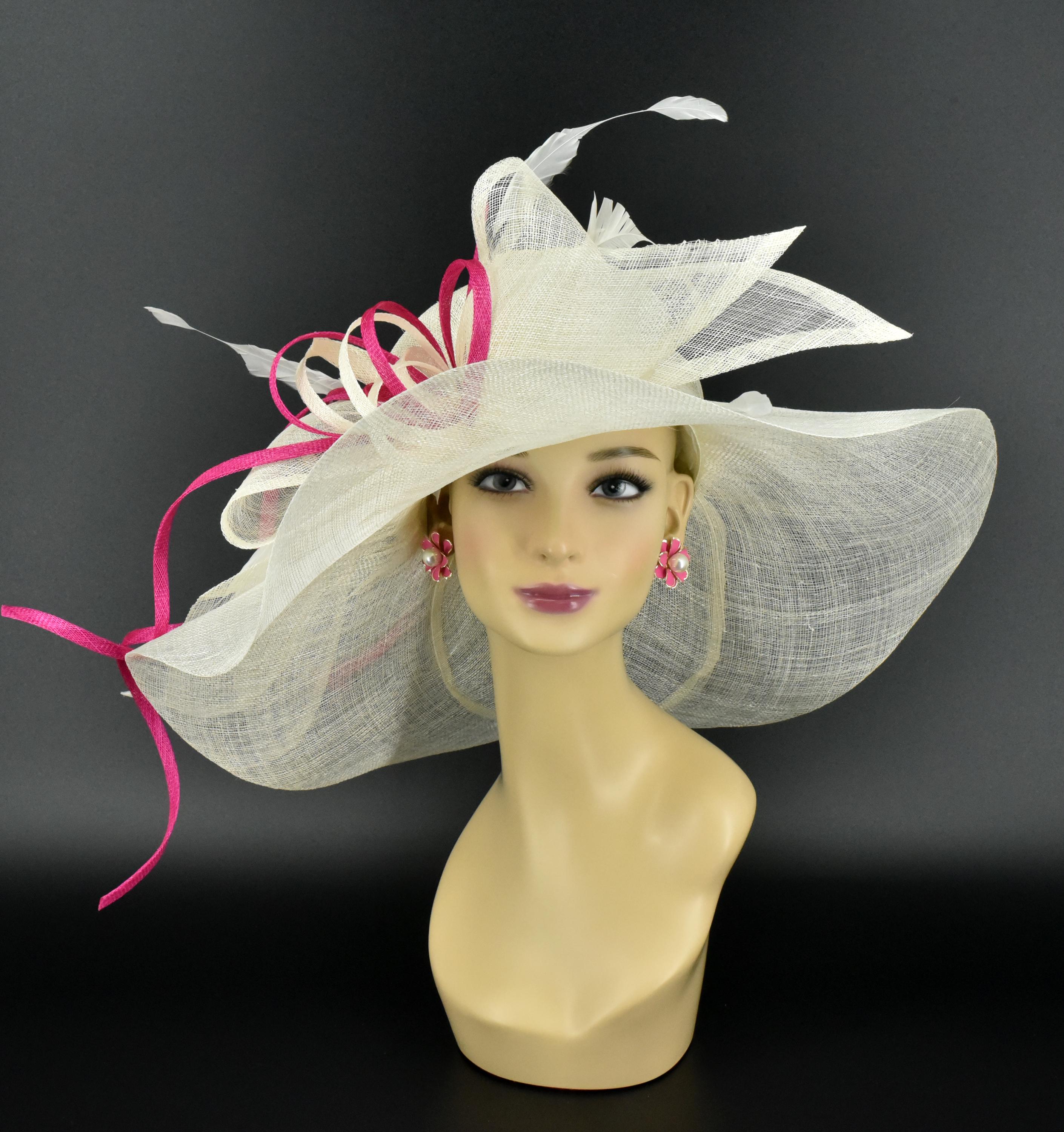 M22019 ( Ivory/hot Pink ) Kentucky Derby Hat Church Hat 