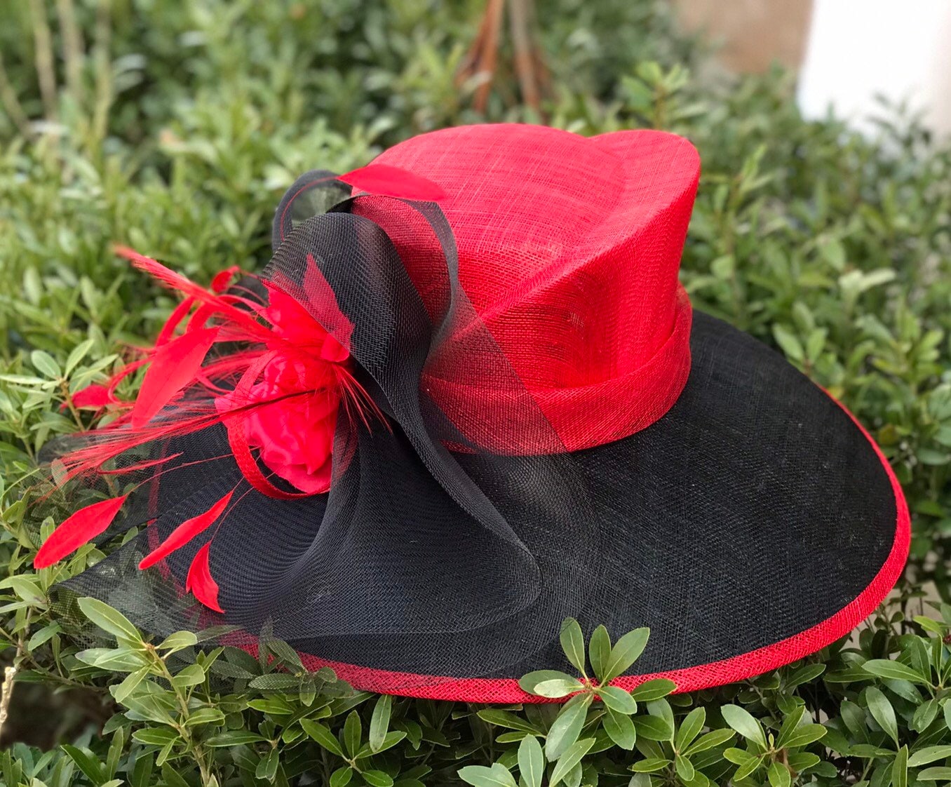Red Sinamay Wide Brim Fascinator Hat Black Feather Derby Wedding red hat club Red Sinamay Hat for Ascot, Derby or Special Occasion – Over  main image 4