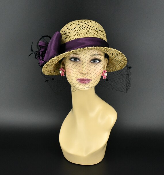 Vintage Woven Straw Boater Hat Purple Satin Ribbon Bow Kentucky Derby Sun Hat Vintage | Accessories | Vintage Straw Kentucky Derby Hat  main image 2