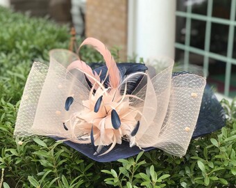 SD18(NavyPeach) Kentucky Derby hat Wedding Horse Race Royal Ascot w Crin Bow Peacock Swords Wide Brim Woman's Sinamay Hat