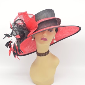 M916 (Red/Black)Kentucky Derby hat, Church, Wedding, Easter Hat, Tea Party, Formal Hat 3 Layers & Big Bows Feathers Wide Brim Sinamay Hat