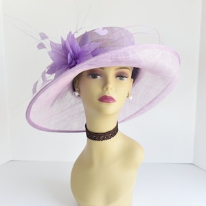 L17 ( Lilac ) Kentucky Derby hat, Church hat, Wedding hat, Easter hat, Tea Party Royal Ascot with feather flower Med Brim Sinamay Hat