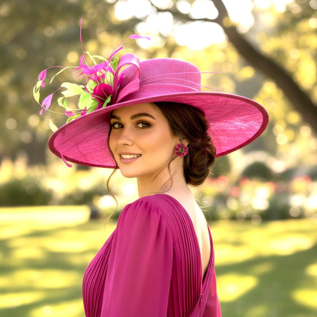 M935 Fuchsia/green Wide-brim Sinamay Hat – Kentucky Derby  display picture 3