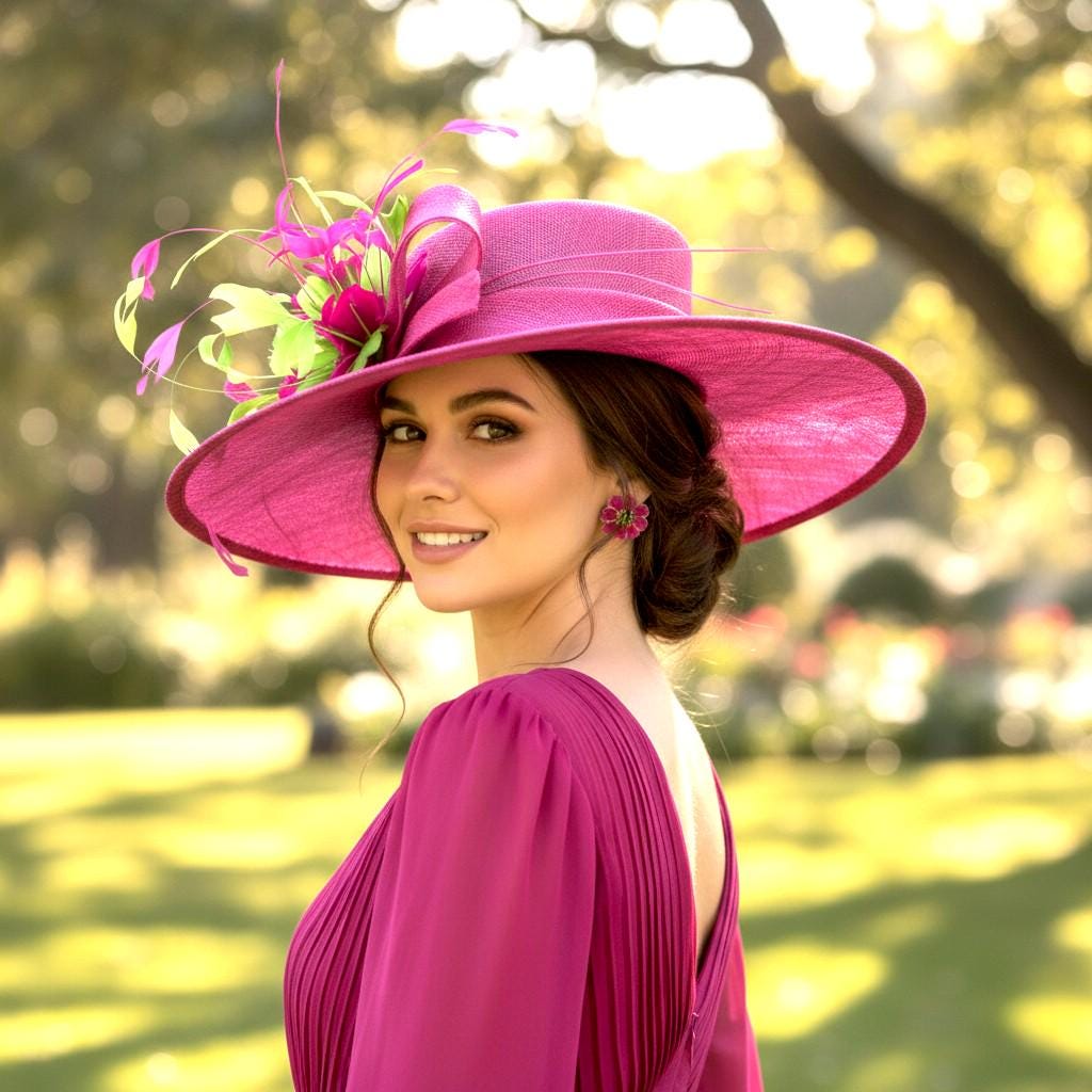 Beloved Millinery Beautiful Fuchsia Hat Wide Brim Gold Woven Chain Band w/Bow Beloved Millinery | Accessories | Classy Pink Hat With Gold  main image 2