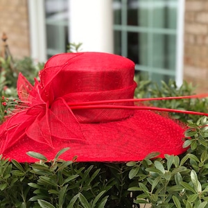 M489( Red ) Kentucky Derby Hat, Church Hat, Wedding Hat, Easter Hat, Tea Party Hat Formal Hat & Net Wide Brim 3 Layers Woman Sinamay Hat