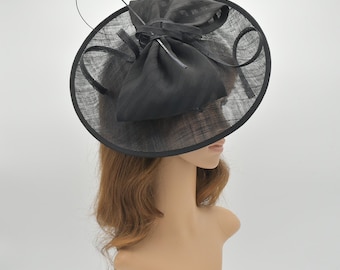 M8109 ( Black ) Jumbo Kentucky Derby, Wedding, Easter, Tea Party, Royal Ascot Sinamay Base with Satin Bow Headband Large Fascinator Cocktail