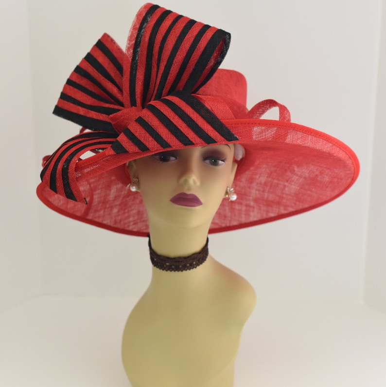 M612 Red/Black Kentucky Derby, Church, Wedding, Tea Party 3 Layers 3.56.5 Wide Brim with Jumbo Bow Sinamay Hat image 2