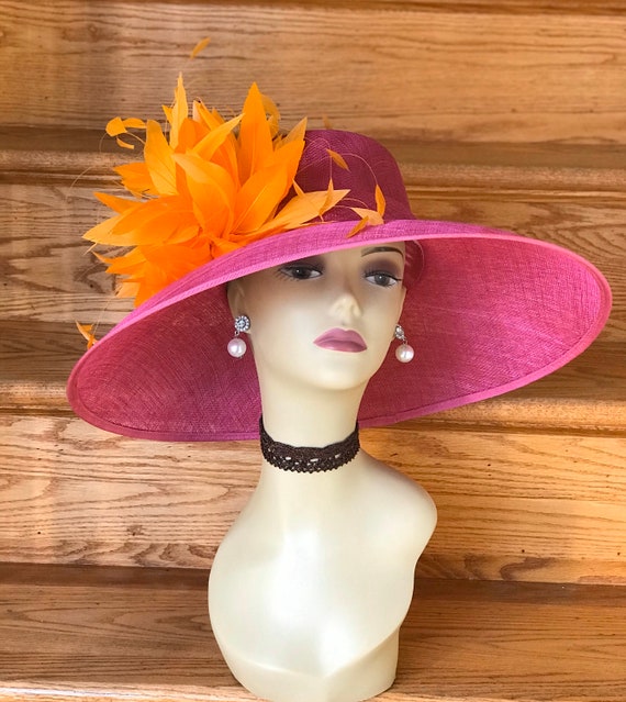 SD17 Fuchsia More Colors Options Kentucky Derby Hat Church Hat Wedding Hat Easter Hat Tea Party Feather Flower Wide Brim Sinamay Hat Etsy