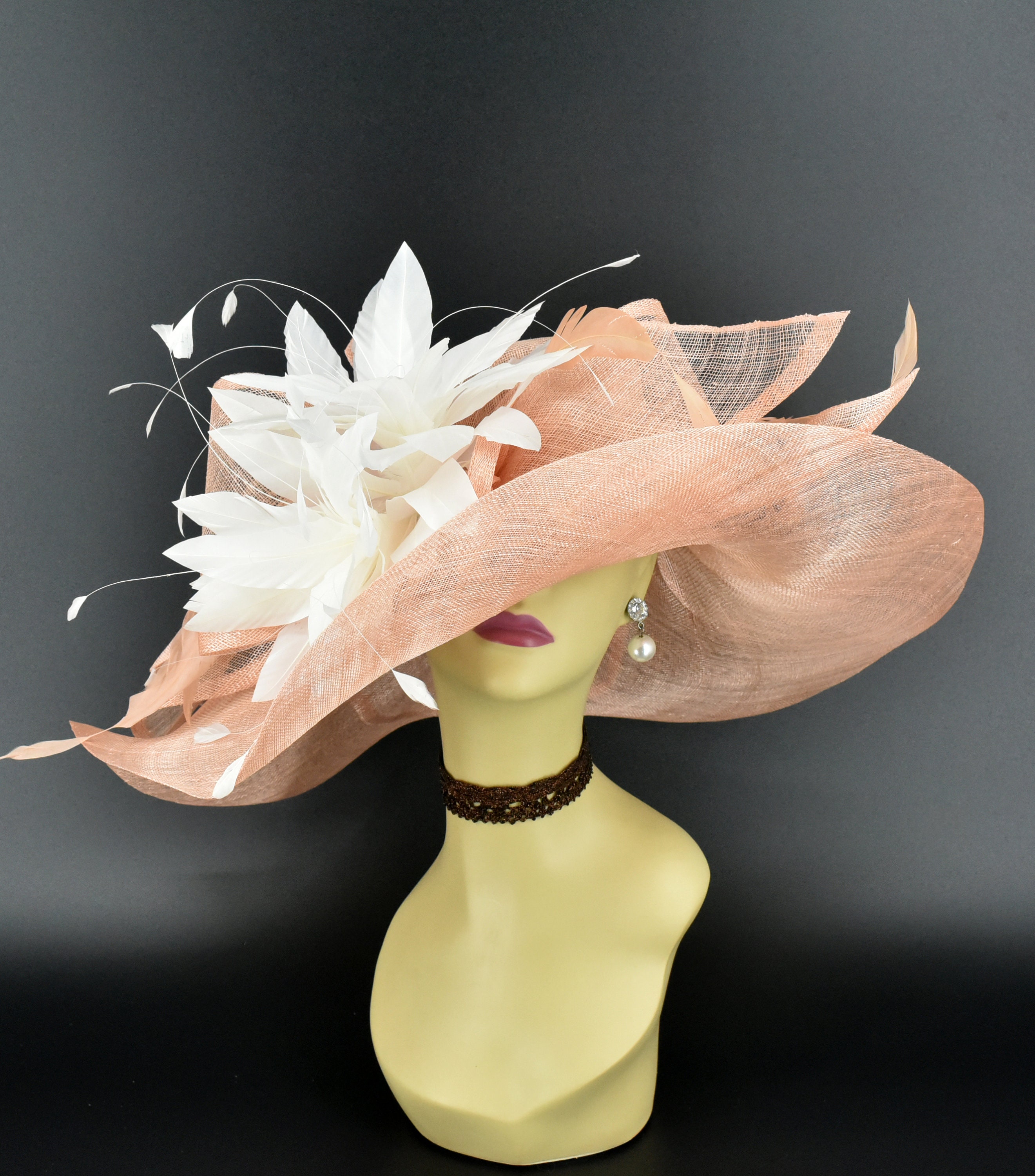Lt. Peach fancy, lace Derby, High Tea, Church hat (012) White and Peach Kentucky Derby Hat, Ladies Formal Hat  main image 4