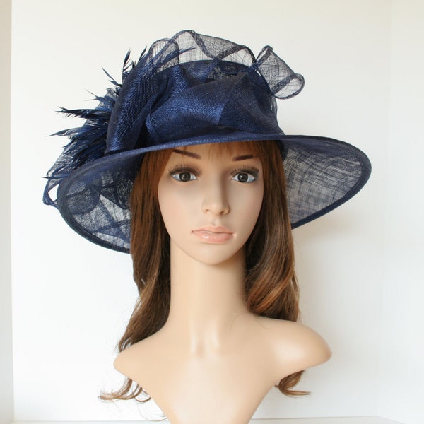 Newest Kentucky Derby, Church, Wedding, Carriage, Tea Party 4 1/4" with feather flower Sinamay Hat Medium Brim ( Navy Blue )