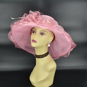 ED319 ( Blush pink ) Kentucky Derby hat, Church hat, Wedding hat, with Ribbon Bow and Feathers Medium Brim 5" Organza Dress Hat image 5