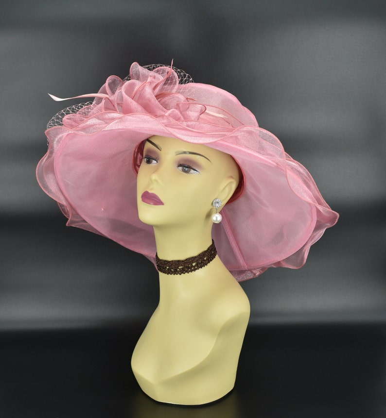ED319 ( Blush pink ) Kentucky Derby hat, Church hat, Wedding hat, with Ribbon Bow and Feathers Medium Brim 5" Organza Dress Hat image 5