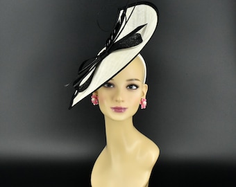 MF173( White/Black)Jumbo Kentucky Derby Wedding Easter Tea Party Royal Ascot Sinamay & Quills, Feather, Ribbons Headband Large Fascinator