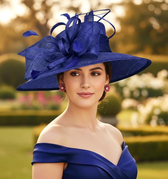 M23012( Royal Blue )Kentucky Derby Hat Church Hat Wedding Hat Easter Hat Tea Party Hat & Cure Bow Feathers Wide Brim Sinamay Hat