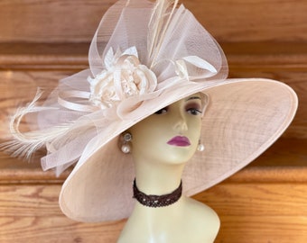 M826(Champagne ) Kentucky Derby Hat, Church, Wedding, Easter, Tea Party, Royal Ascot Wide Brim & Silk Flower Woman Sinamay Hat