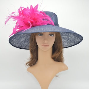 SD15( Dark navy/20 Colors ) Kentucky Derby Hat, Church Hat, Wedding Hat, Easter, Tea Party Jumbo Feather Flower Wide Brim Woman Sinamay Hat