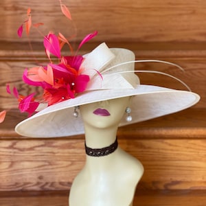 M935(Ivory orange hot pink hat ) Kentucky Derby hat, Wedding hat, Easter hat, Royal Ascot hat, Jumbo Feather Flower Wide Brim Sinamay Hat