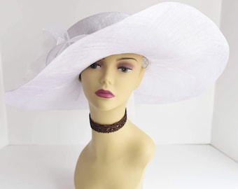 KENTUCKY DERBY HOMECOMING  COURT CHURCH LADY HAT WHITE SATIN RIBBON FLOWERS kentucky derby hat fascinator white satin saucer crystal  main image 4