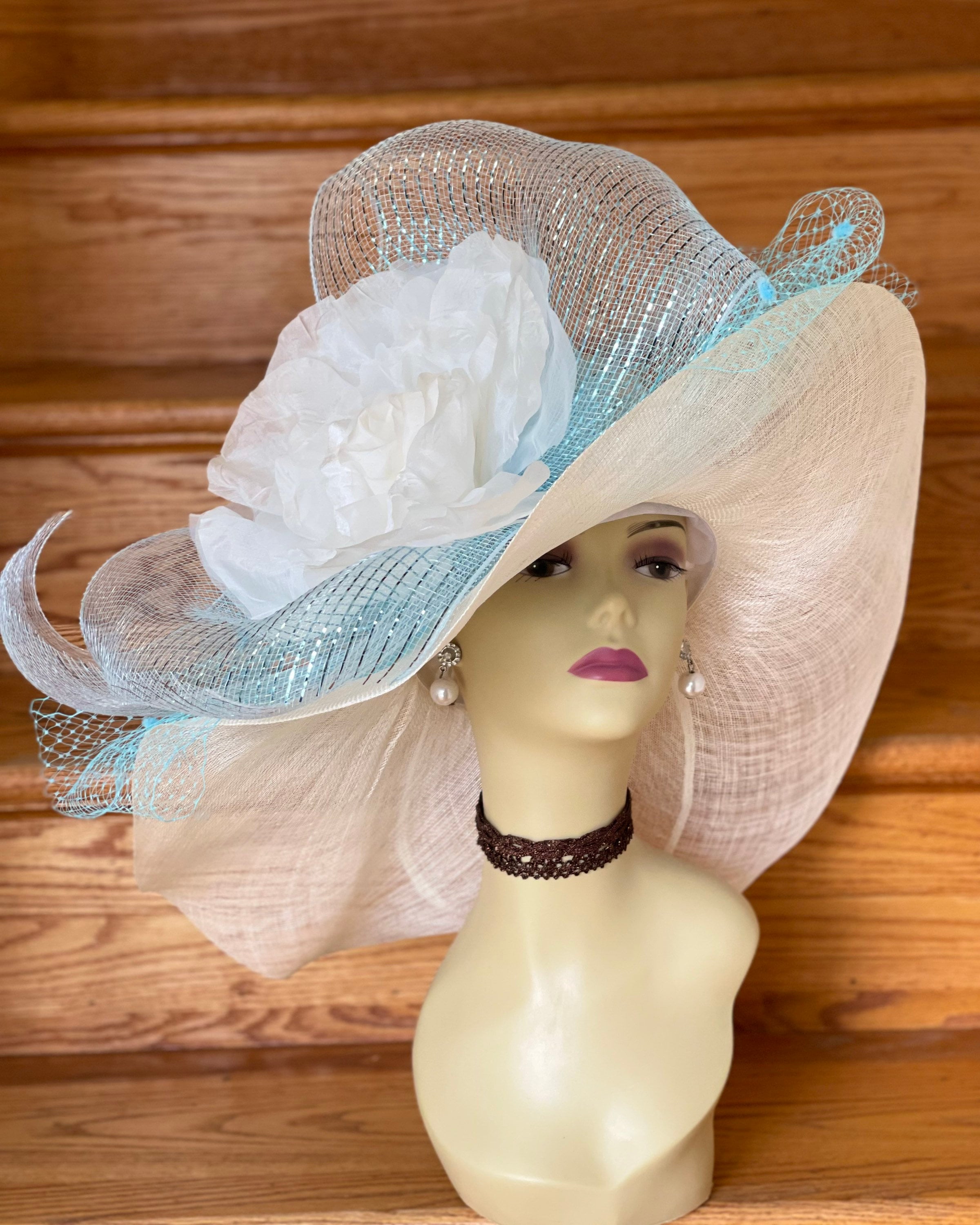 Kentucky Derby Hat Baby Blue Derby Fascinator Hat Statement – Race Day Ready Blue Kentucky Derby Fascinator Hat, Light Blue, Beige,Pink  main image 2