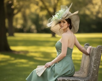 Sombrero de sinamay de ala ancha M23157S color topo/verde oliva/marfil con lazo gigante y flor de seda – Ideal para el Derby de Kentucky, Royal Ascot, bodas o fiestas en el jardín