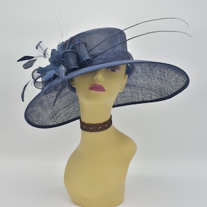 M97(Navy Blue) Kentucky Derby Hat, Church Hat, Wedding Hat, Easter Hat, Tea Party Hat, Formal Hat Feather Flower Wide Brim Sinamay Hat