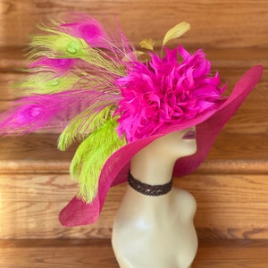 SD05-1(Fuchsia/Lime green) Kentucky Derby Hat, Wedding Hat, Easter Hat, Tea Party Hat, Formal Hat Wide Brim Woman's Sinamay Hat
