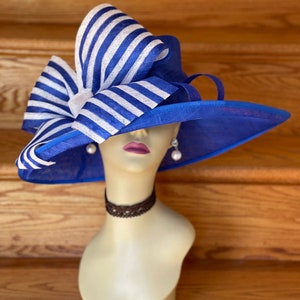 M612 ( Royal blue/White ) Kentucky Derby hat, Church hat, Wedding hat, Tea Party hat, Carriage hat with Jumbo Bow Wide Brim Sinamay Hat