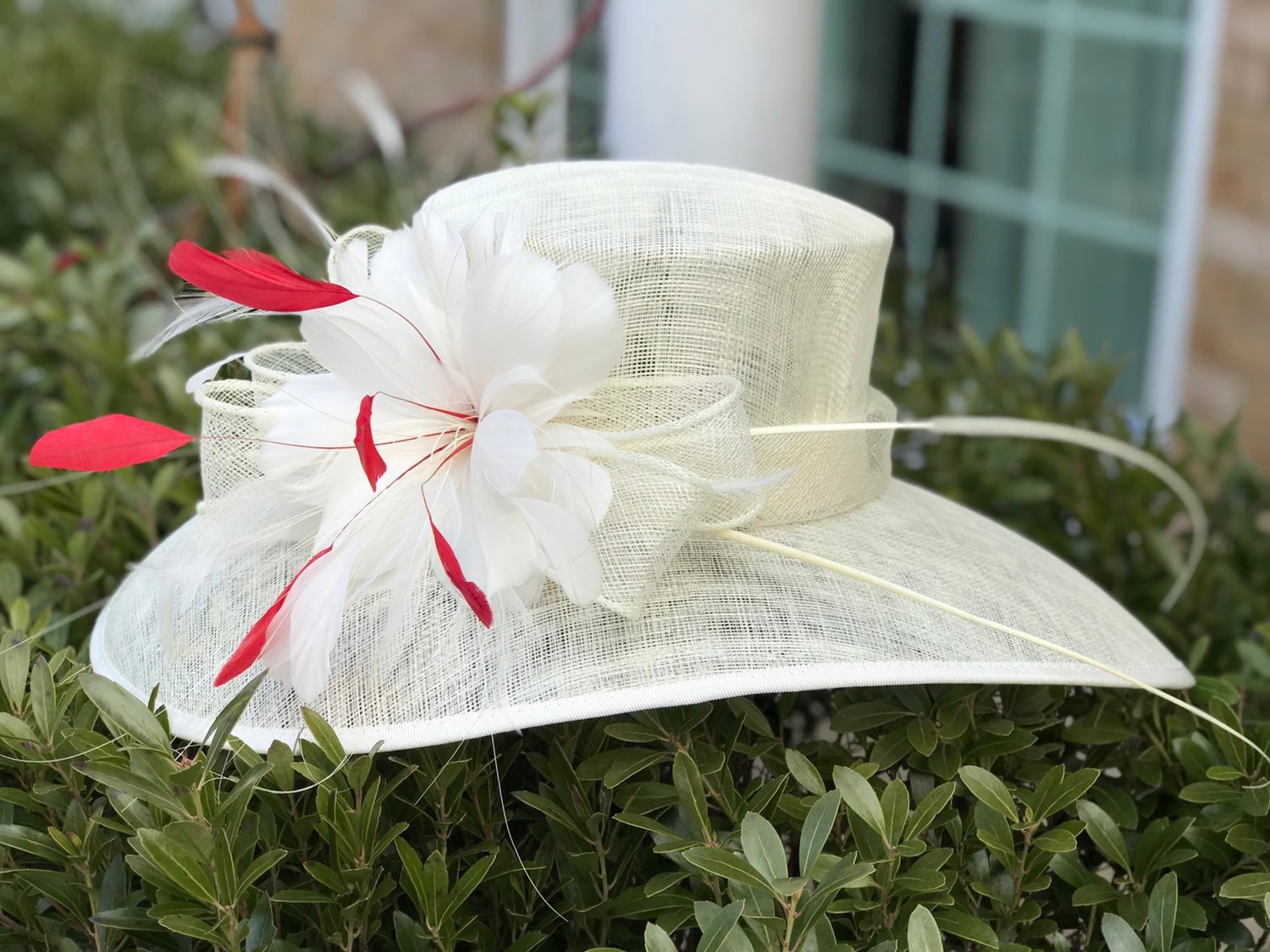 M97( Ivory/red) Kentucky Derby Hat, Church Hat, Wedding Hat 