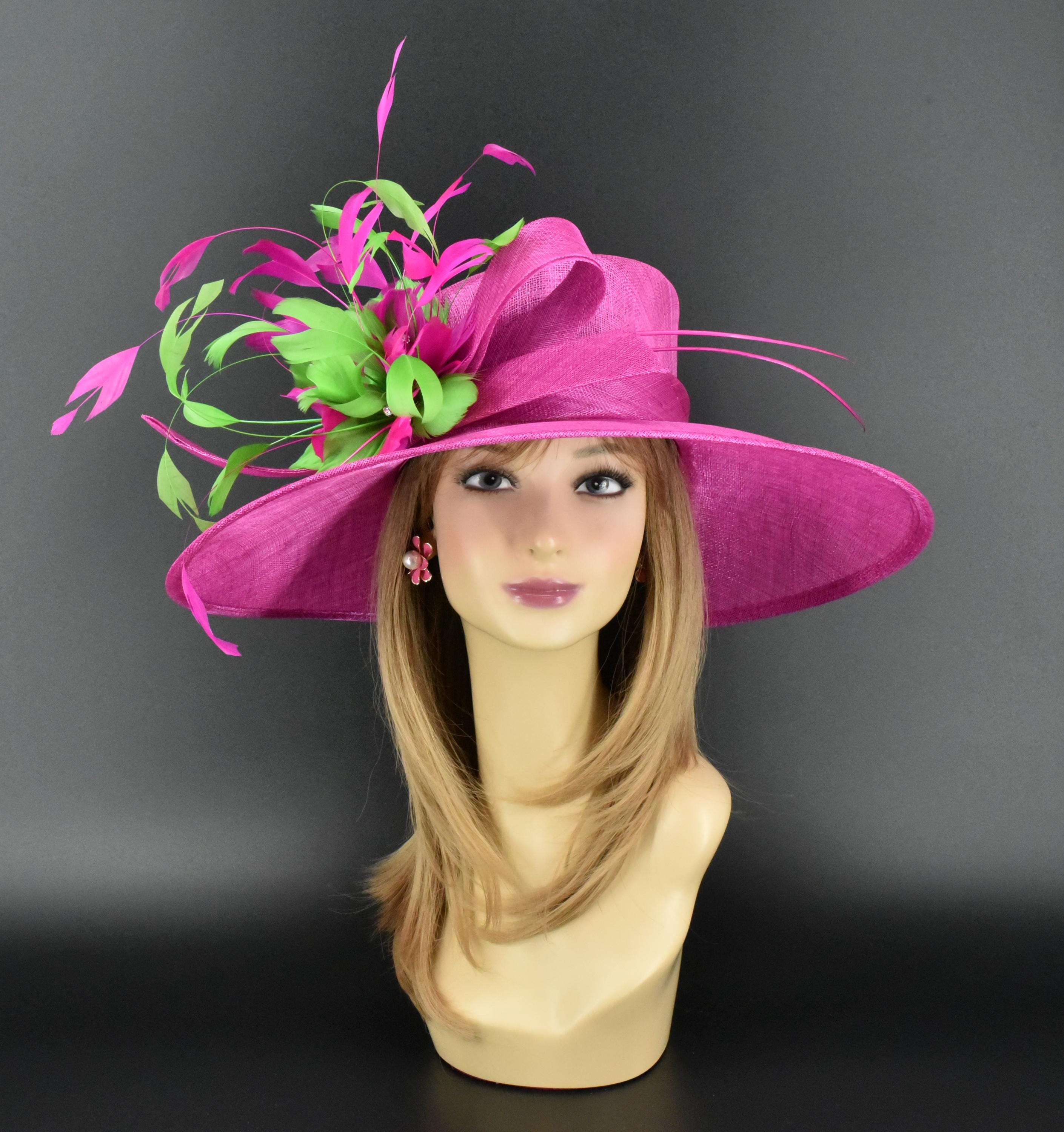 Beloved Millinery Beautiful Fuchsia Hat Wide Brim Gold Woven Chain Band w/Bow M22019P ( Fuchsia Peacock hat ) Kentucky Derby hat Church  main image 4