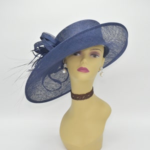 M1515( Navy ) Kentucky Derby Hat, Church, Wedding, Easter, Tea Party, Royal Ascot Wide Brim Feather flower & Ribbon Woman Sinamay Hat