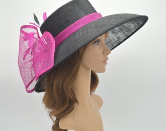 M95( Black/Fuchsia ) Kentucky Derby Hat, Church Hat, Wedding Hat, Easter Hat, Tea Party hat with Big Bow Wide Brim Sinamay Hat