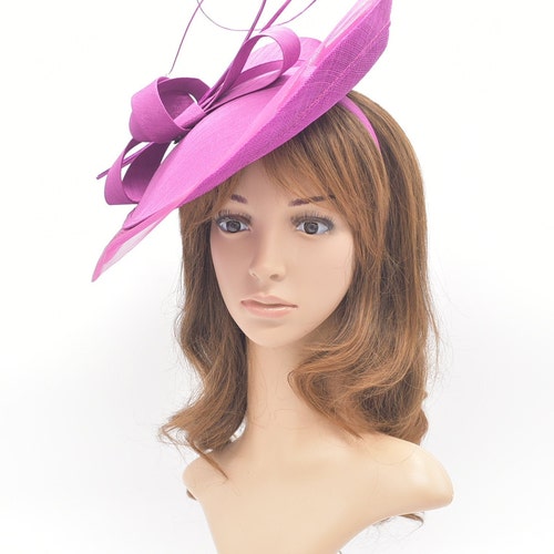 MF908(Fuchsia)Kentucky Derby, Wedding, Easter Tea Party Royal Ascot Sinamay base & Satin Cover Two Quills Headband Large Fascinator shops Cocktail