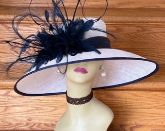 M835( White/Dark Navy) Kentucky Derby, Church, Wedding, Easter, Tea Party, Royal Ascot Wide Brim Feathers Woman Sinamay Hat