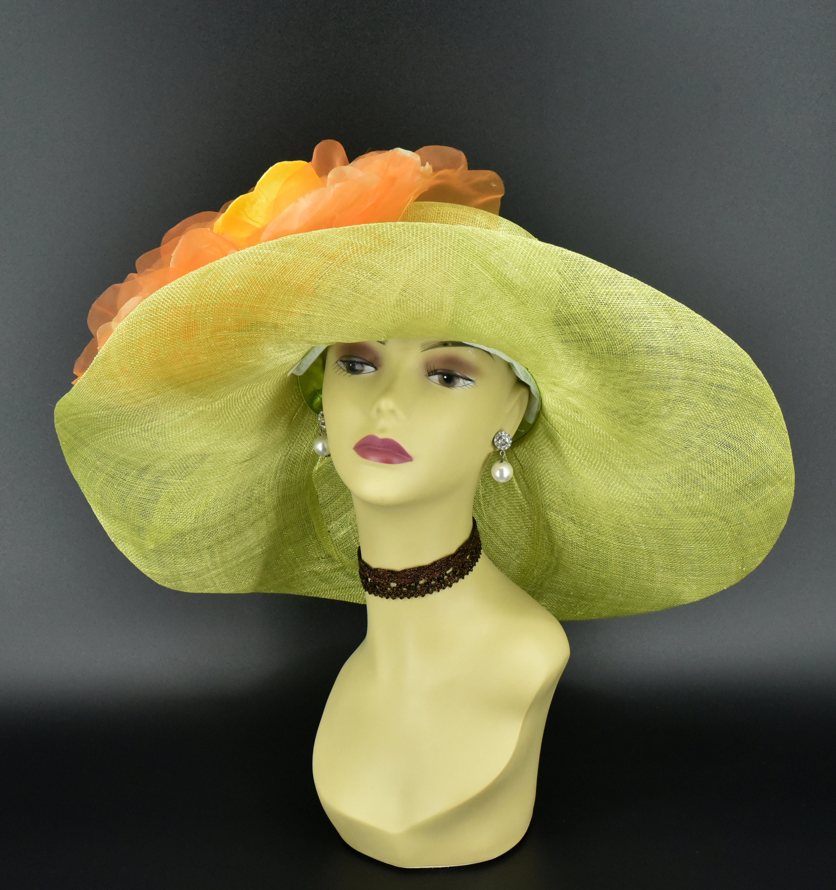 M509 ( Lime Green Orange Hat ) Kentucky Derby Hat, Church
