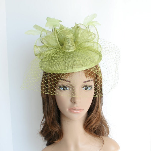 SP408( Lime Green)Newest Kentucky Derby, Wedding, Tea Party Sinamay with feather Headband Medium Fascinator Cocktail