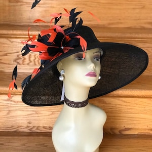 SD02( Black/Red )Kentucky Derby Hat, Church Hat, Wedding Hat, Easter Hat, Tea Party Hat & Feather flower Wide Brim Woman&#39;s Sinamay Hat