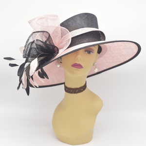 M916 ( Pink/Black )Kentucky Derby, Church Wedding Easter Hat Tea Party Formal Hat 3 Layers & Big Bows Feathers Wide Brim Sinamay Hat