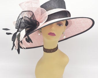 M916 ( Pink/Black )Kentucky Derby, Church Wedding Easter Hat Tea Party Formal Hat 3 Layers & Big Bows Feathers Wide Brim Sinamay Hat