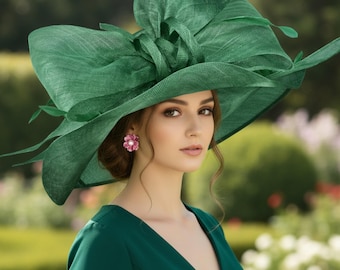 M23157 Green Wide-brim Sinamay Hat With Jumbo Bow – Kentucky  display picture 1