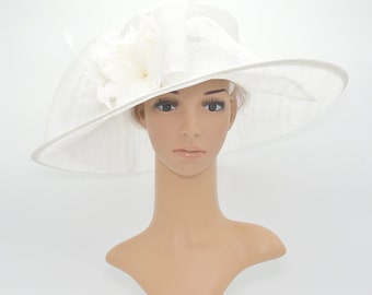 SF80 ( Off-White ) Kentucky Derby, Church, Wedding, Easter Tea Party Feather Flower Big Bow 3 Layers Wide Brim Sinamay Hat