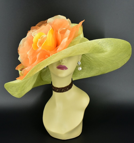 Stunning Olive Green Wide-Brim Hat with Orange Floral & Feather Accent We went all in on this custom hat! From a stunning underbrim  main image 4