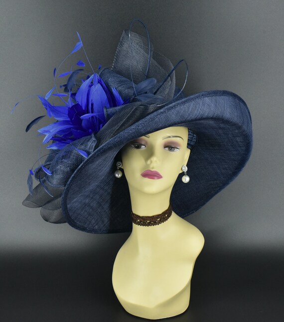 M22020F ( Navy Royal Blue Hat) Kentucky Derby Hat, Wedding  display picture 3