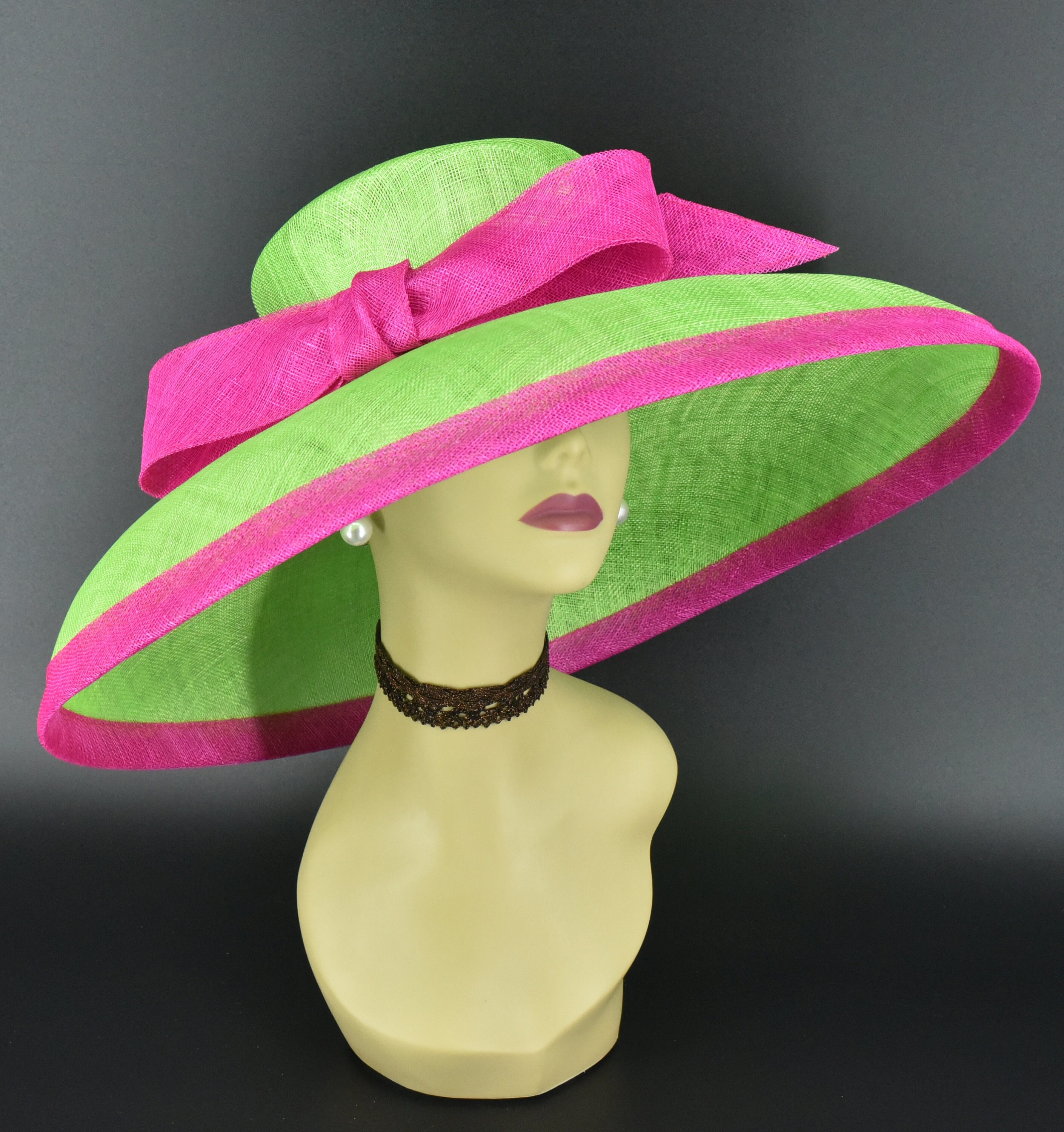 M22025( Green Fuchsia Hat) Audrey Hepburn Hat 19.75 M22025( Green Fuchsia Hat) Audrey Hepburn Hat 19.75