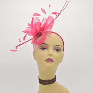 M8188 ( Hot Pink ) Kentucky Derby, Wedding, Easter, Tea Party, Royal Ascot Crin Flower, Feathers, Headband Small Fascinator Cocktail