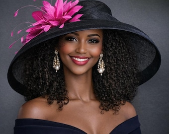 M22025F Black Fuchsia – Audrey Hepburn Hat | 19.75” Jumbo Wide-Brim Sinamay Derby Hat