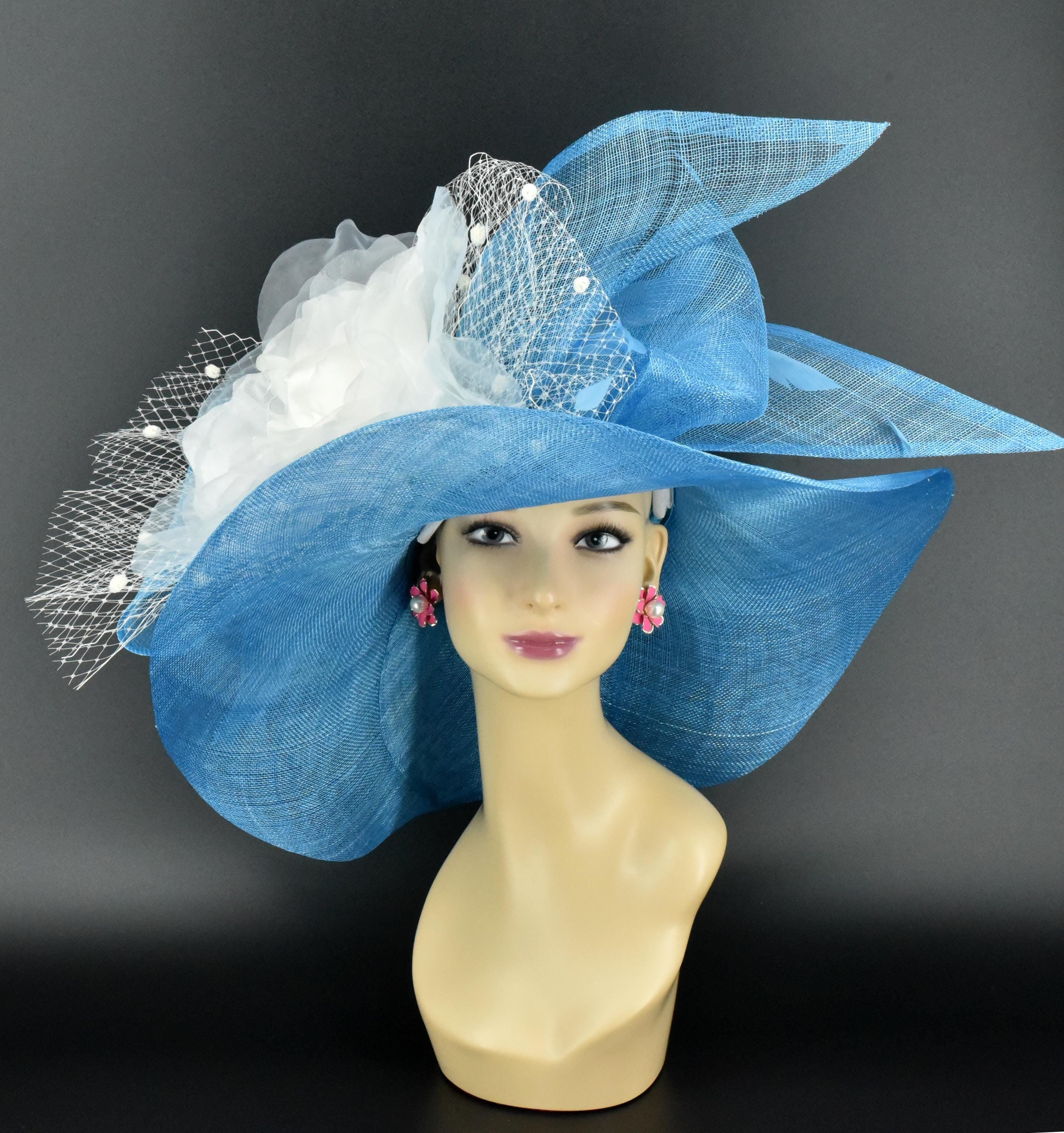 Large Wide-Brim Ivory Sinamay Hat with Light Blue Floral Accent Buy In Bulk Wide Brim Sinamay Hat Customizable Options  main image 2