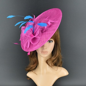 MF681( Fuchsia Teal fascinator )Kentucky Derby, Wedding, Easter, Tea Party, Royal Ascot Sinamay Headband Large Fascinator Cocktail
